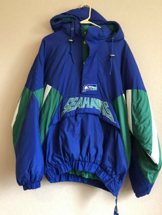 Vtg Starter Pro Line Nfl Seattle Seahawks Puffer Pullover Jacket X - Large