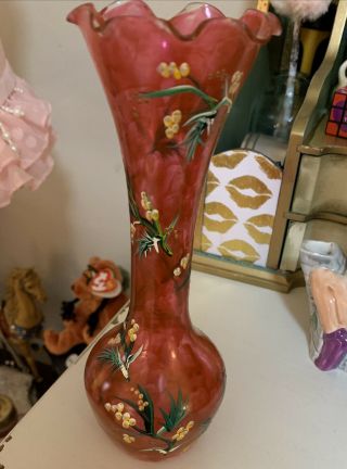 Antique Rare Flower Hand Painted Red Flower Pot/vase Crackle