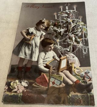 Vintage Antique Christmas Postcard Children Toys Tree Horse Bunny Presents