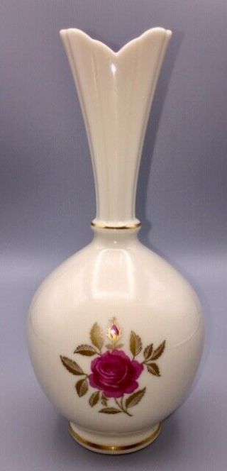 Lenox Pink Rhodora Rose Floral Bud Vase Gold Trim & Gold Mark Vintage 1953 - 1988