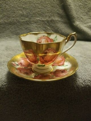 Vintage Queen Anne Heavy Gold With Pink Roses Tea Cup And Saucer