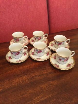 6 Vintage Tea Cup & Saucer Rose Pattern - Bavaria - Wintering Kirchenlamitz - Gold