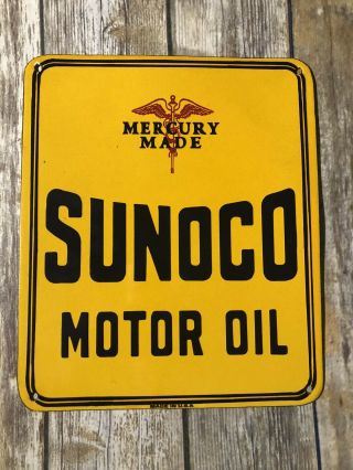 Vintage Sunoco Oil Mercury Made 12” Porcelain Metal Gasoline & Oil Pump Ad Sign