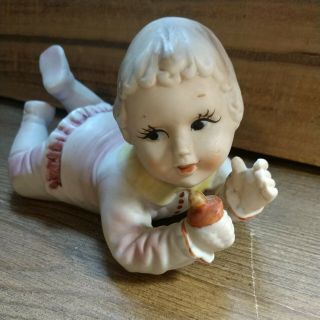 Vintage Crawling Piano Baby Girl With Pacifier Figurine Pink Outfit Bisque