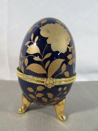 Limoges Cobalt Blue & Gold Footed Egg Trinket Box