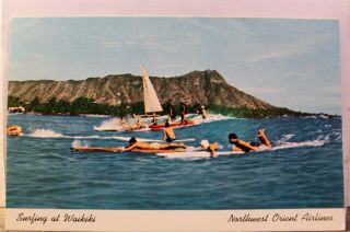 Hawaii Hi Waikiki Surfing Northwest Orient Airlines Postcard Old Vintage Card Pc