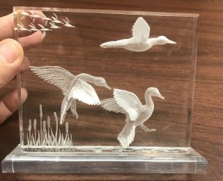 Lucite Acrylic Carved Flying Geese Duck Paperweight Sculpture Signed Pam