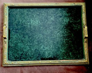 Antique Vintage Butler’s Serving Tray Green Metal Wood Glass 1926