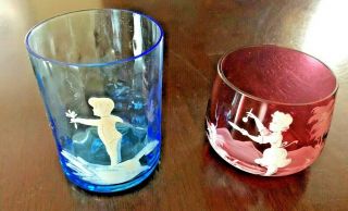 2 Antique Mary Gregory Cranberry Glass Tumblers Blue Cranberry Enameled