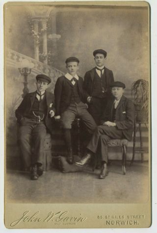 Antique Cabinet Photograph A Gang Of Four Boys In Cloth Caps By Gavin Norwich L3