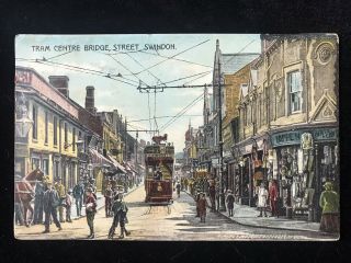 Tram Centre Bridge Street Swindon Wiltshire 1917 Vintage Colour Postcard