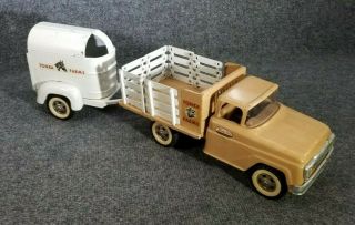 Vintage Tonka Farms Stake Truck And Horse Trailer With 1 Horse Tan