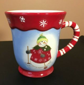 Vintage DEBBIE MUMM SNOWMAN LARGE COFFEE CUP MUG CHRISTMAS CANDY CANE HANDLE 2