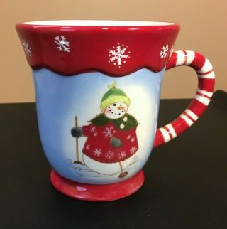 Vintage DEBBIE MUMM SNOWMAN LARGE COFFEE CUP MUG CHRISTMAS CANDY CANE HANDLE 3