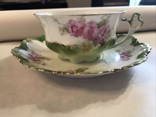 Vintage M Z Austria Tea Cup Saucer Pink Flowers Green