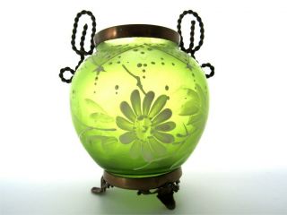 Antique Mary Gregory Hand Painted Daisy Floral Green Glass & Brass Bud Vase
