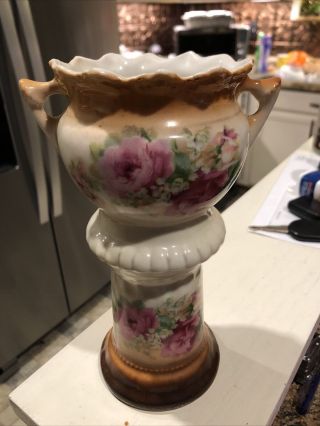 Antique Teplitz Floral Hand Painted Austrian Porcelain Double Handled Vase