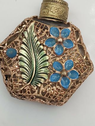 Vintage/antique Czech Filigree & Blue Perfume Bottle W Enamel Flowers
