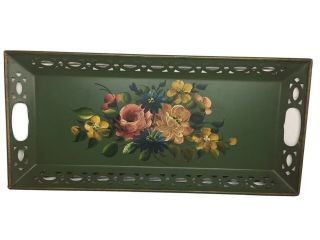 Large Heavy Hand Painted Toleware Floral Metal Tray Platter 22”x 10” Vintage
