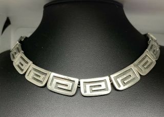 Vintage Mexico 925 Sterling Silver Aztec Artist Signed Greek Key Collar Necklace