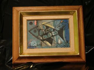 Vintage Nicholas Takis Signed Oil Painting Framed Abstract Art Fish