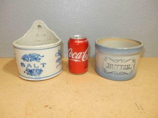 Antique Stoneware Salt And Butter Crocks - Salt Is Wall Hanging - No Covers - Kitchen