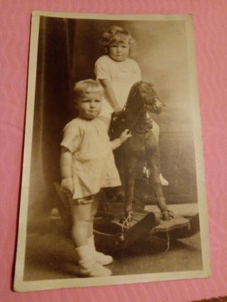 Very Old Real Photo Postcard Of Two Children With Rocking Horse Hawke Of Helston
