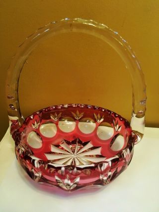 Vintage Bohemian Red Cut To Clear Crystal Glass Basket With Handle Bowl Dish 5 " W