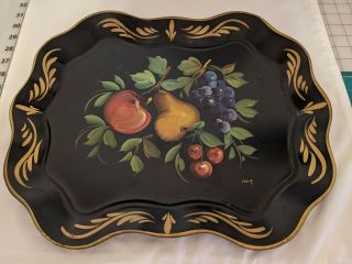 Vintage Tole Tray Nashco Hand - Painted Signed Black With Fruit