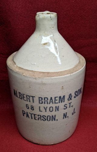 Antique Jug Paterson Nj Albert Braem & Son,  1/2 Gallon,  Base Marked Akron O