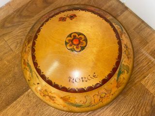 Vintage Norge Norwegian Flag Florals Hand Painted Carved Round Wood Box With Lid