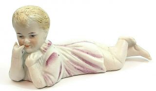 Vintage Bisque Porcelain Piano Baby Girl Figurine 5 1/2” W/finger In Mouth.