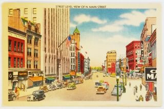 Street Level View Of North Main Street Akron Ohio Postcard Old Car