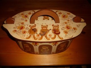 Vtg Hand Painted Wood Swedish Sewing Box Teddy Bears Playing Musical Instruments