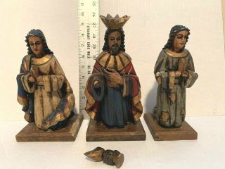 Antique Mexico (?) Hand - Carved Wood Religious Figurines – Set Of 3 – Prayer