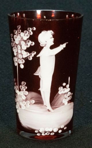 Mary Gregory Cranberry Glass Tumbler Boy Pointing 4 1/4 "