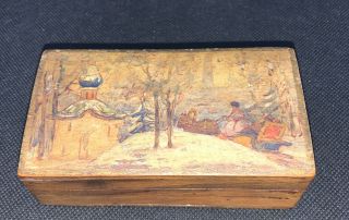Vintage Hand Painted Hand Crafted Wood Box Winter Sleigh Scene 4 1/4”x 2 1/4”
