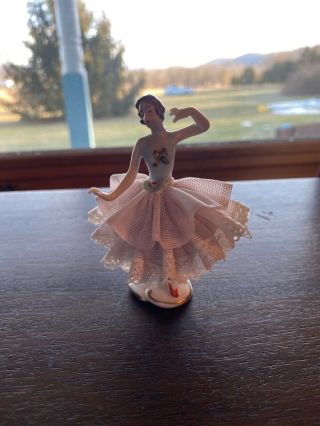 Antique German Porcelain Dresden Lace Ballerina 3.  5” Figurine