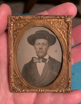 Antique Tin Type Photo Portrait Of Man With Hat In Ornate Metal Frame