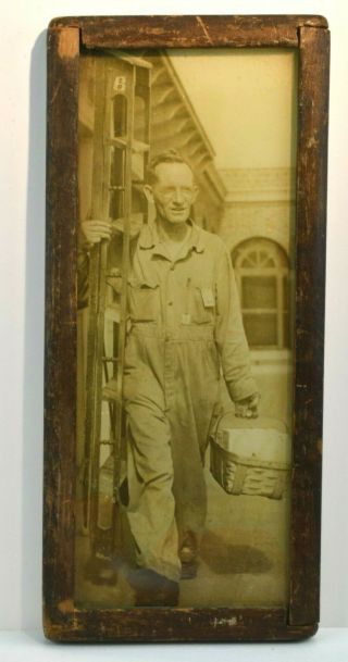 Early 20th Century 1920 Worker Overalls Sepia Photo W Homemade Folk Art Frame