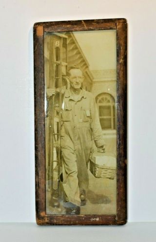 Early 20th Century 1920 Worker Overalls Sepia Photo w Homemade Folk Art Frame 3