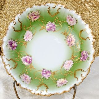 Vintage B&h Limoges France Hand Painted Bowl Green Gold W/ Pink Purple Roses 9 "