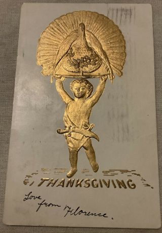 Vintage Thanksgiving Day Postcard Gold Foil Turkey On Platter 1907 Angel Sword