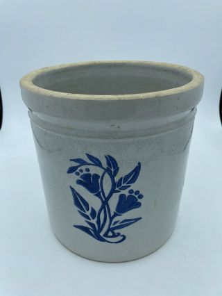 Stoneware Pottery Crock,  Blue Flowers,  1/2 Gallon,  Vintage