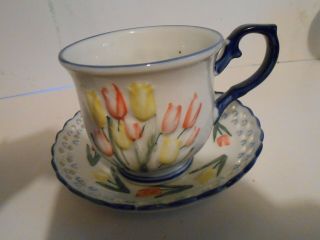 Tea Cup And Saucer Delftware Royal Twickel Handpainted Tulips