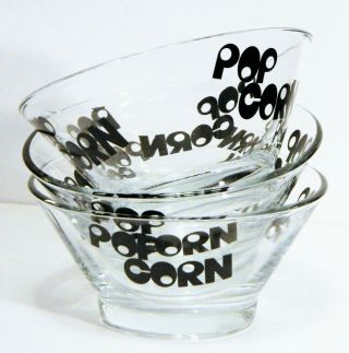 Bowls Clear Glass Black Letters Pop Corn Serving Mid Century Modern Vintage 3