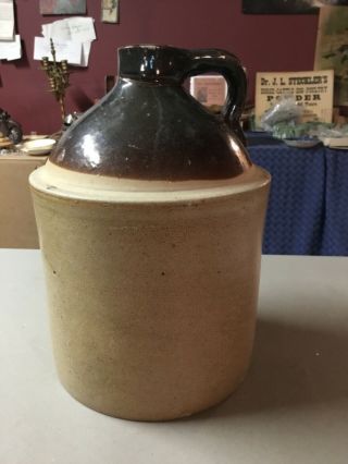 Vintage Glazed Stoneware Brown And Tan Whiskey Jug Crock,  11 1/4” Tall