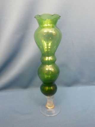 Vintage Antique Delicate Glass Green Bud Vase Clear Twist Stem - Norleans