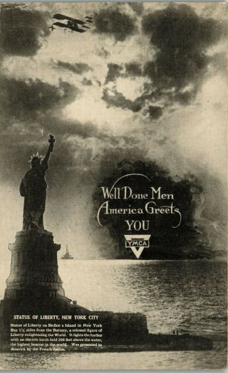 Statue Of Liberty Ymca Reception Dep.  Returning Troops Nyc Vintage Postcard