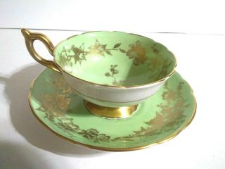 Vintage Coal Port Made In England Tea Cup And Saucer Bone China Green Gold Tone